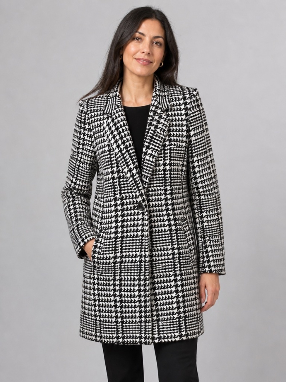 Ellane Rose Chic Houndstooth Pea Coat in Black and White L